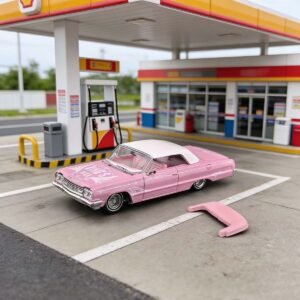 1:64 scale model features a pink Chevrolet Impala lowride